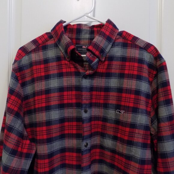 VINEYARD VINES Mens Large Red Gray Blue Plaid Classic Whale Fit Flannel Shirt - Picture 2 of 3